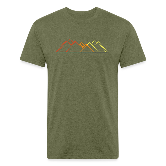 Heather military green t-shirt featuring a minimalist mountain line graphic in gradient sunset tones—red, orange, and yellow—perfect for outdoor enthusiasts and lovers of modern trail style.