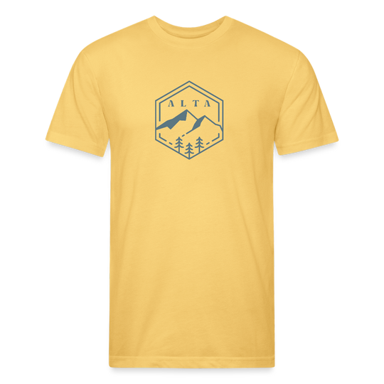 pastel yellow t-shirt with an Alta design featuring mountain peaks and pine trees in a hexagonal outline, ideal for outdoor lovers and hiking enthusiasts.