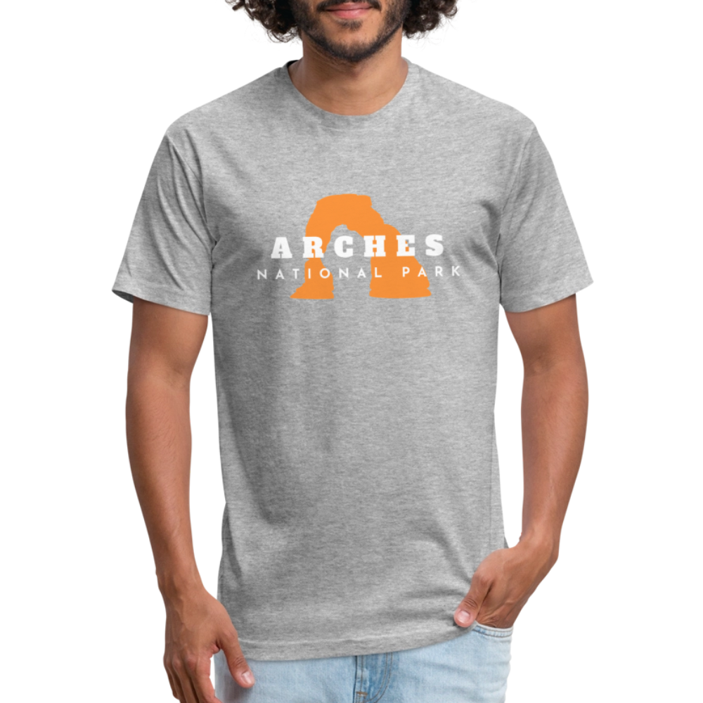 heather gray t-shirt featuring a bold orange graphic of Delicate Arch, with "Arches National Park" text in white for outdoor adventure lovers, and those who love national parks.