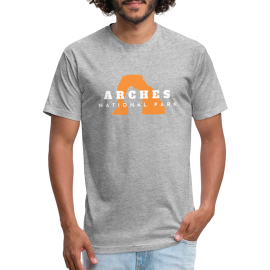 heather gray t-shirt featuring a bold orange graphic of Delicate Arch, with "Arches National Park" text in white for outdoor adventure lovers, and those who love national parks.