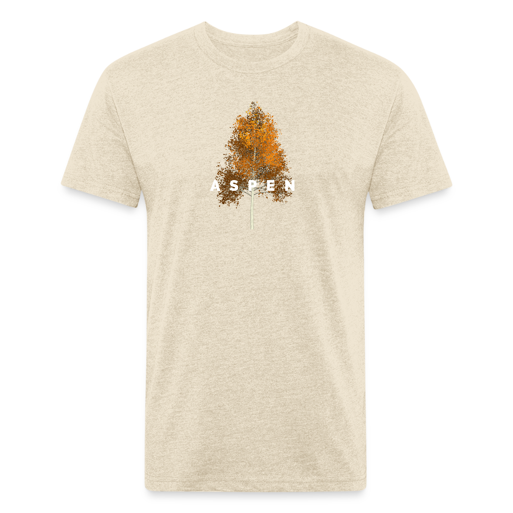 heather cream t-shirt featuring a minimalist Aspen tree graphic in orange and the word "ASPEN" underneath, perfect for nature lovers and outdoor enthusiasts

