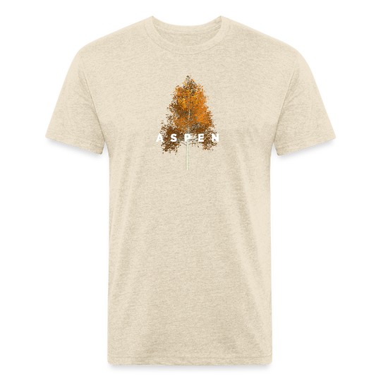 heather cream t-shirt featuring a minimalist Aspen tree graphic in orange and the word "ASPEN" underneath, perfect for nature lovers and outdoor enthusiasts

