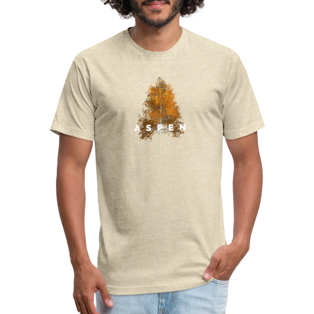 heather cream t-shirt featuring a minimalist Aspen tree graphic in orange and the word "ASPEN" underneath, perfect for nature lovers and outdoor enthusiasts


