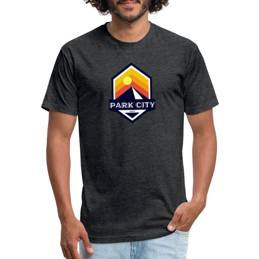 Park City T-shirt in heather black featuring a retro-inspired logo with a sun and mountain design, and "PARK CITY" text, representing the outdoor adventure spirit of Timpanogos Hiking Co.
