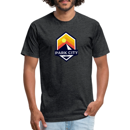 Park City T-shirt in heather black featuring a retro-inspired logo with a sun and mountain design, and "PARK CITY" text, representing the outdoor adventure spirit of Timpanogos Hiking Co.

