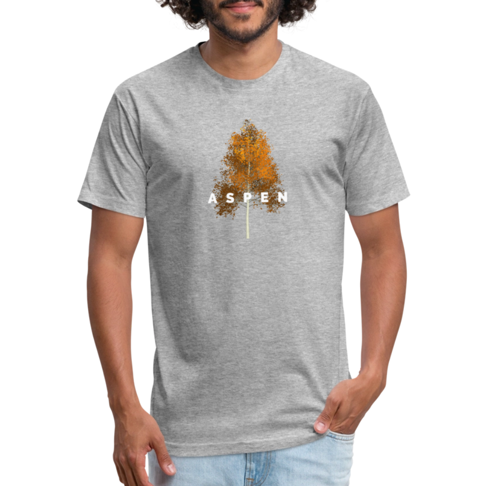 heather gray t-shirt featuring a minimalist Aspen tree graphic in orange and the word "ASPEN" underneath, perfect for nature lovers and outdoor enthusiasts

