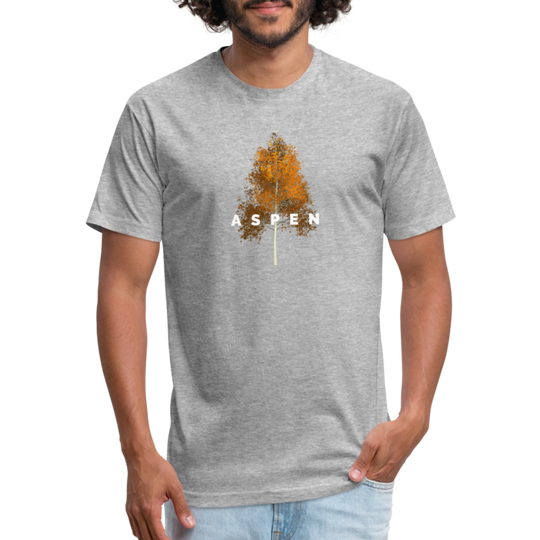 heather gray t-shirt featuring a minimalist Aspen tree graphic in orange and the word "ASPEN" underneath, perfect for nature lovers and outdoor enthusiasts

