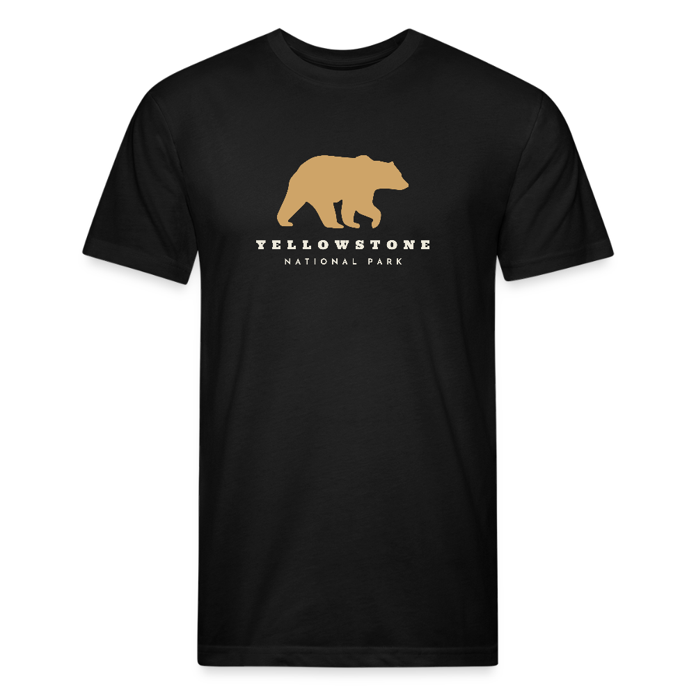 black t-shirt featuring a gold bear graphic and the words "YELLOWSTONE NATIONAL PARK," perfect for visitors and explorers of Yellowstone’s iconic landscapes


