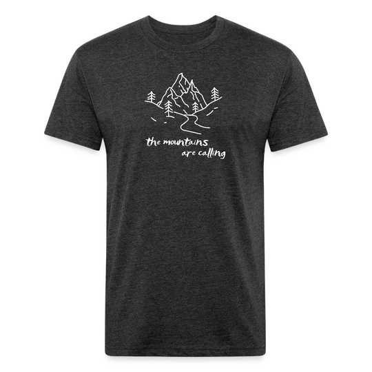 heather black t-shirt featuring a hand-drawn mountain scene with the phrase "the mountains are calling" in white, perfect for outdoor adventurers and nature lovers

