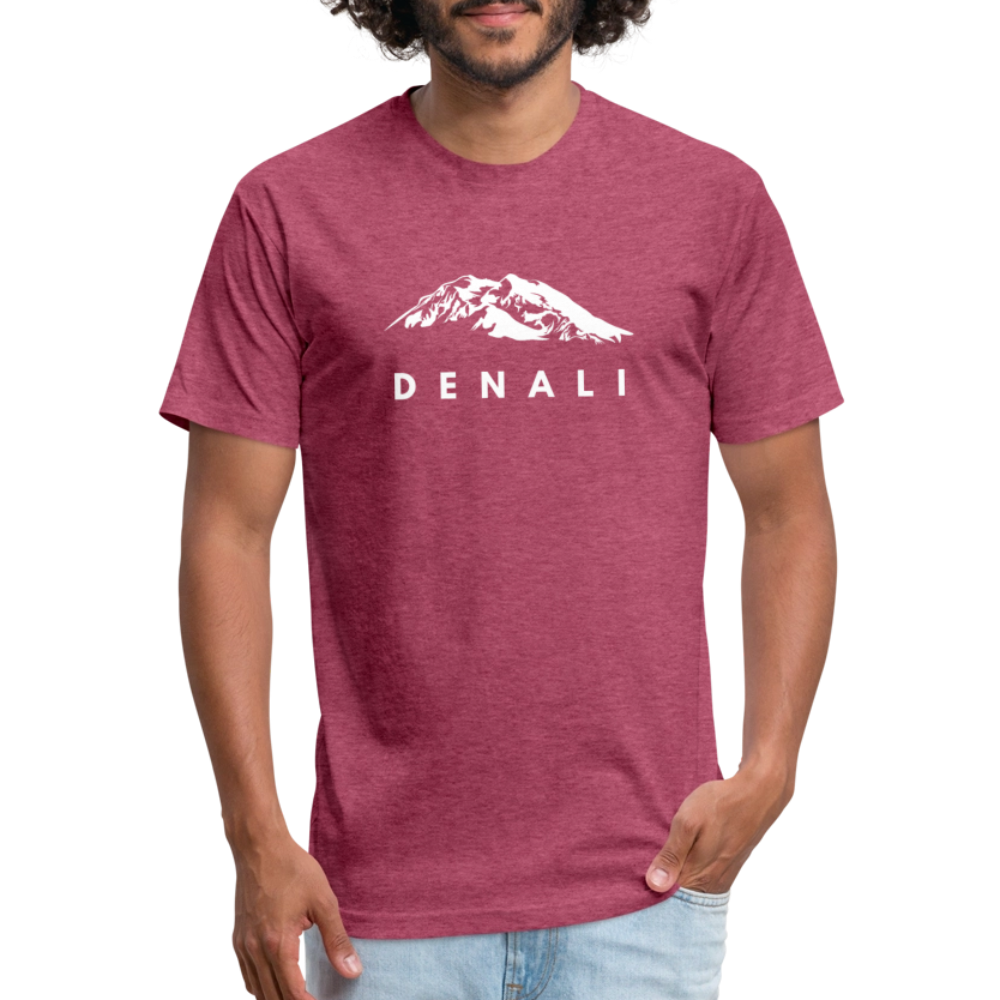 Man wearing a heather maroon Denali t-shirt from Timpanogos Hiking Co., bold white mountain graphic inspired by Alaska’s highest peak — unisex outdoor apparel for national park lovers.