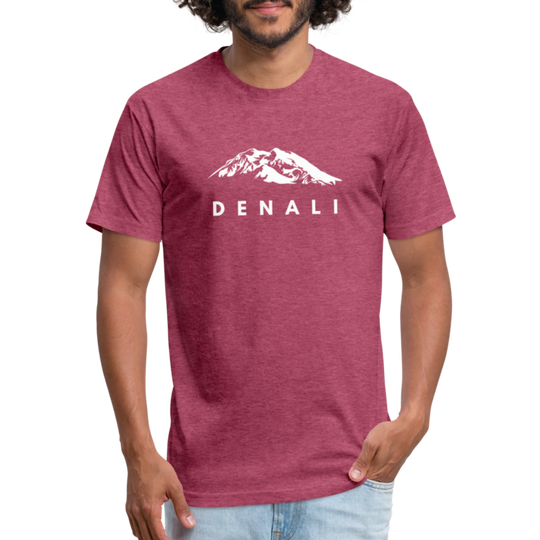 Man wearing a heather maroon Denali t-shirt from Timpanogos Hiking Co., bold white mountain graphic inspired by Alaska’s highest peak — unisex outdoor apparel for national park lovers.