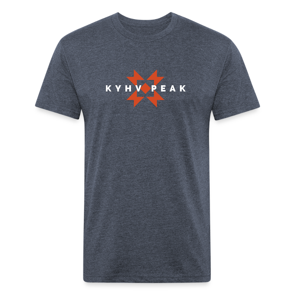 heather navy t-shirt featuring a bold "KYHV PEAK" graphic with orange geometric elements, perfect for those who love mountain-inspired designs

