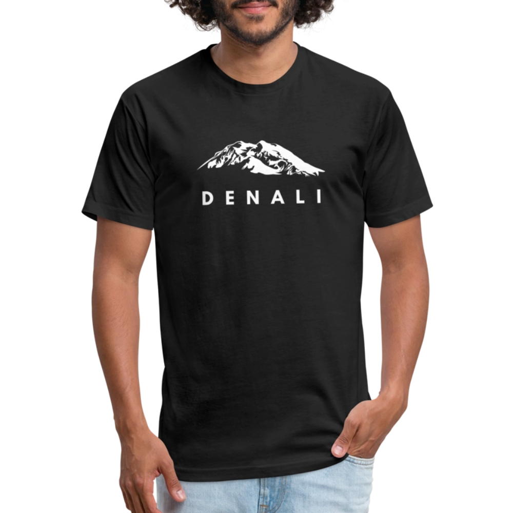 Man wearing a black Denali mountain t-shirt from Timpanogos Hiking Co., featuring a bold white alpine graphic — unisex outdoor apparel inspired by Alaska’s tallest peak.