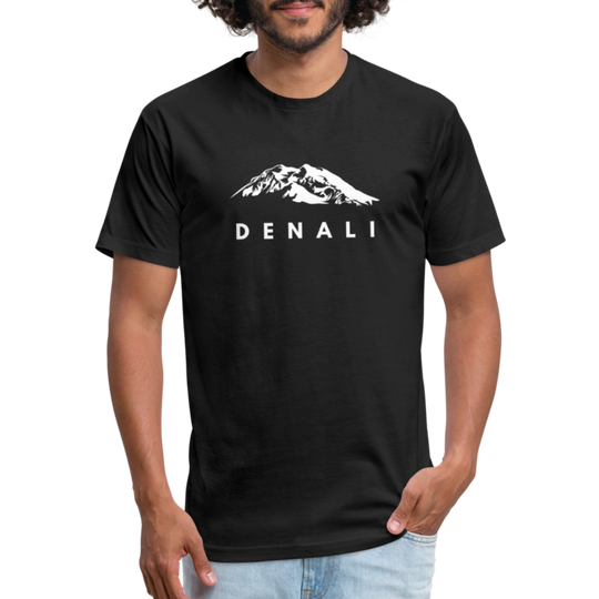 Man wearing a black Denali mountain t-shirt from Timpanogos Hiking Co., featuring a bold white alpine graphic — unisex outdoor apparel inspired by Alaska’s tallest peak.