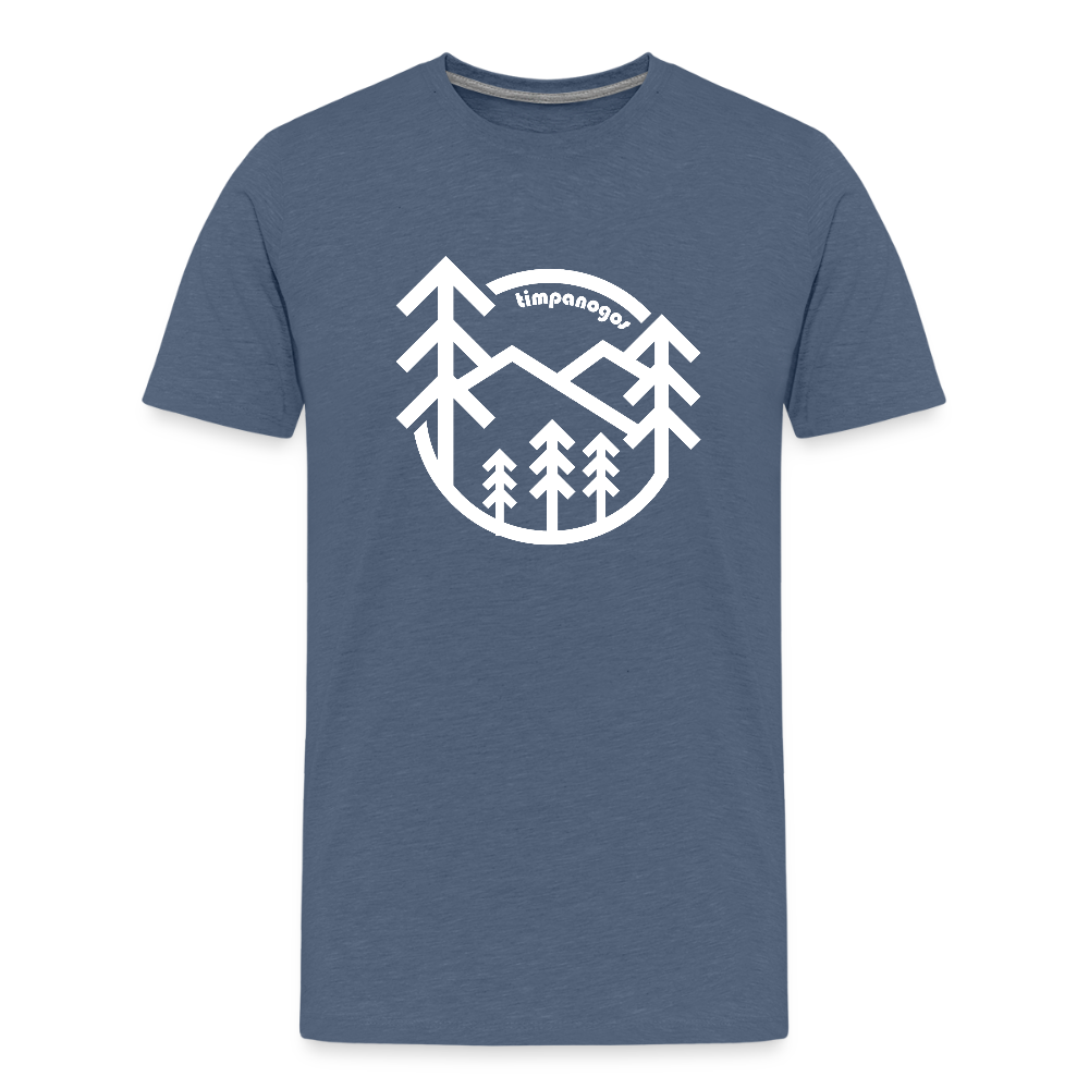 heather blue youth t-shirt featuring a bold white graphic of pine trees and mountain peaks with the word "Timpanogos" curved at the top. The design is enclosed in a circular frame, creating a clean, outdoorsy look.