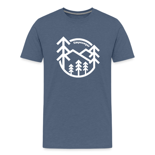 heather blue youth t-shirt featuring a bold white graphic of pine trees and mountain peaks with the word "Timpanogos" curved at the top. The design is enclosed in a circular frame, creating a clean, outdoorsy look.