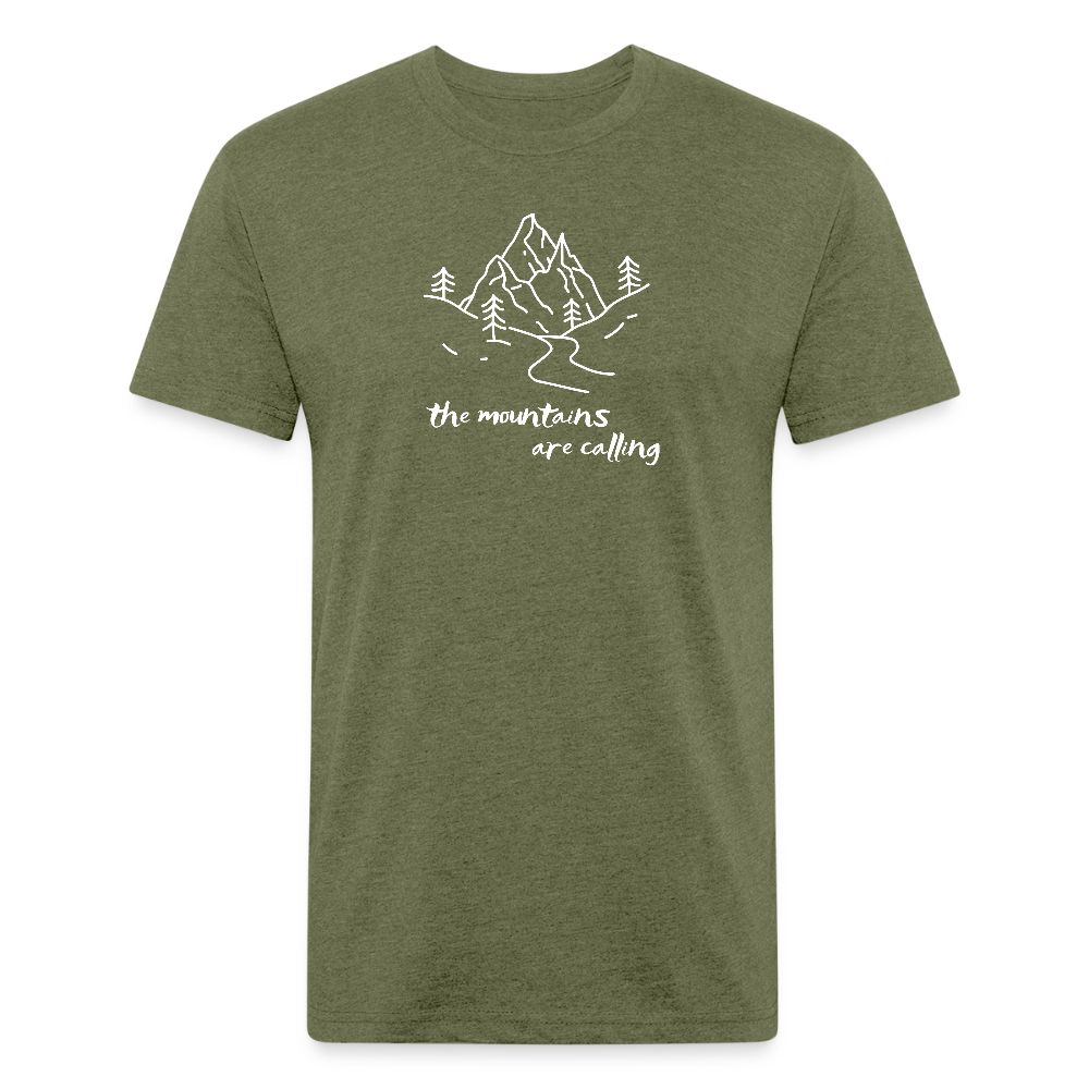 Heather Military Green t-shirt featuring a hand-drawn mountain graphic with the phrase "the mountains are calling" in white, perfect for outdoor explorers

