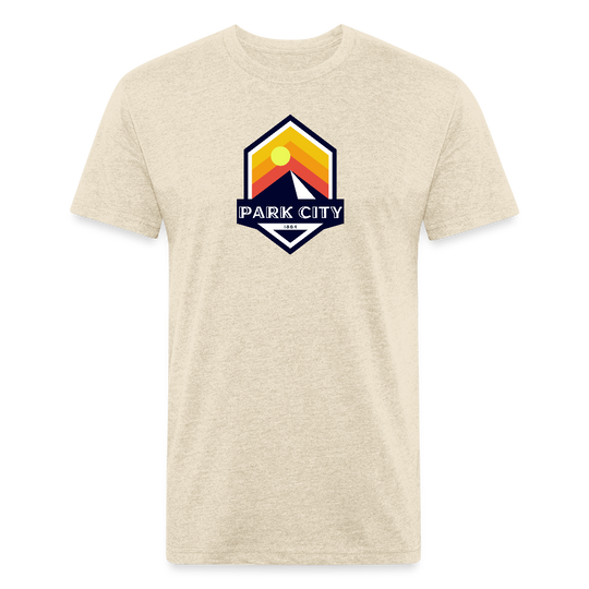 Park City T-shirt in heather cream featuring a retro-inspired logo with a sun and mountain design, and "PARK CITY" text, representing the outdoor adventure spirit of Timpanogos Hiking Co.


