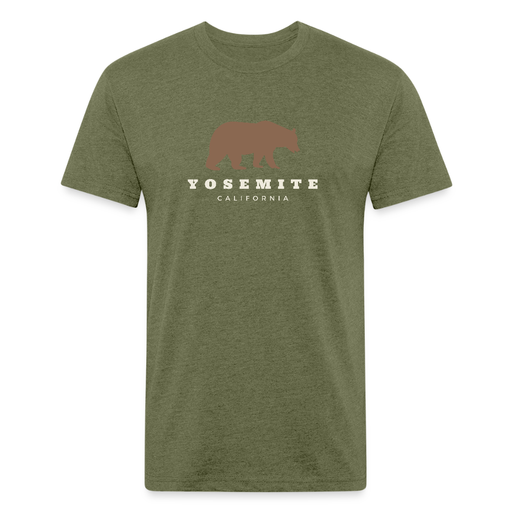 Heather Military Green t-shirt with a Yosemite bear design, accompanied by "Yosemite California" text