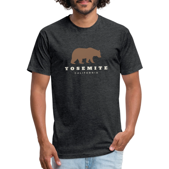 heather black t-shirt featuring a brown bear graphic and the words "YOSEMITE CALIFORNIA" in vintage-style font, perfect for outdoor adventures in Yosemite National Park

