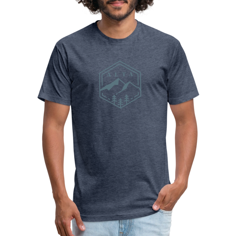 heather navy t-shirt with an Alta design featuring mountain peaks and pine trees in a hexagonal outline, ideal for outdoor lovers and hiking enthusiasts.