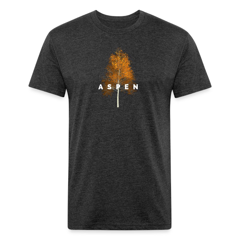 heather black t-shirt featuring a minimalist Aspen tree graphic in orange and the word "ASPEN" underneath, perfect for nature lovers and outdoor enthusiasts

