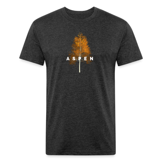 heather black t-shirt featuring a minimalist Aspen tree graphic in orange and the word "ASPEN" underneath, perfect for nature lovers and outdoor enthusiasts

