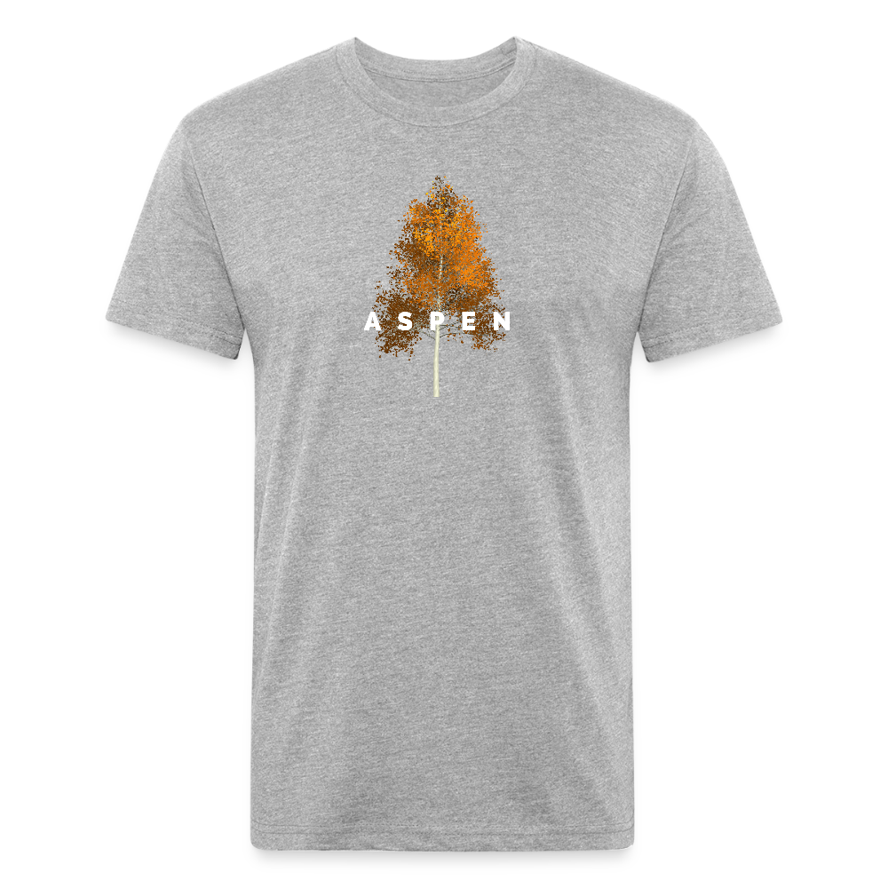 heather gray t-shirt featuring a minimalist Aspen tree graphic in orange and the word "ASPEN" underneath, perfect for nature lovers and outdoor enthusiasts

