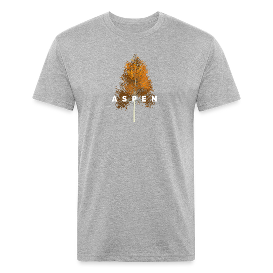 heather gray t-shirt featuring a minimalist Aspen tree graphic in orange and the word "ASPEN" underneath, perfect for nature lovers and outdoor enthusiasts

