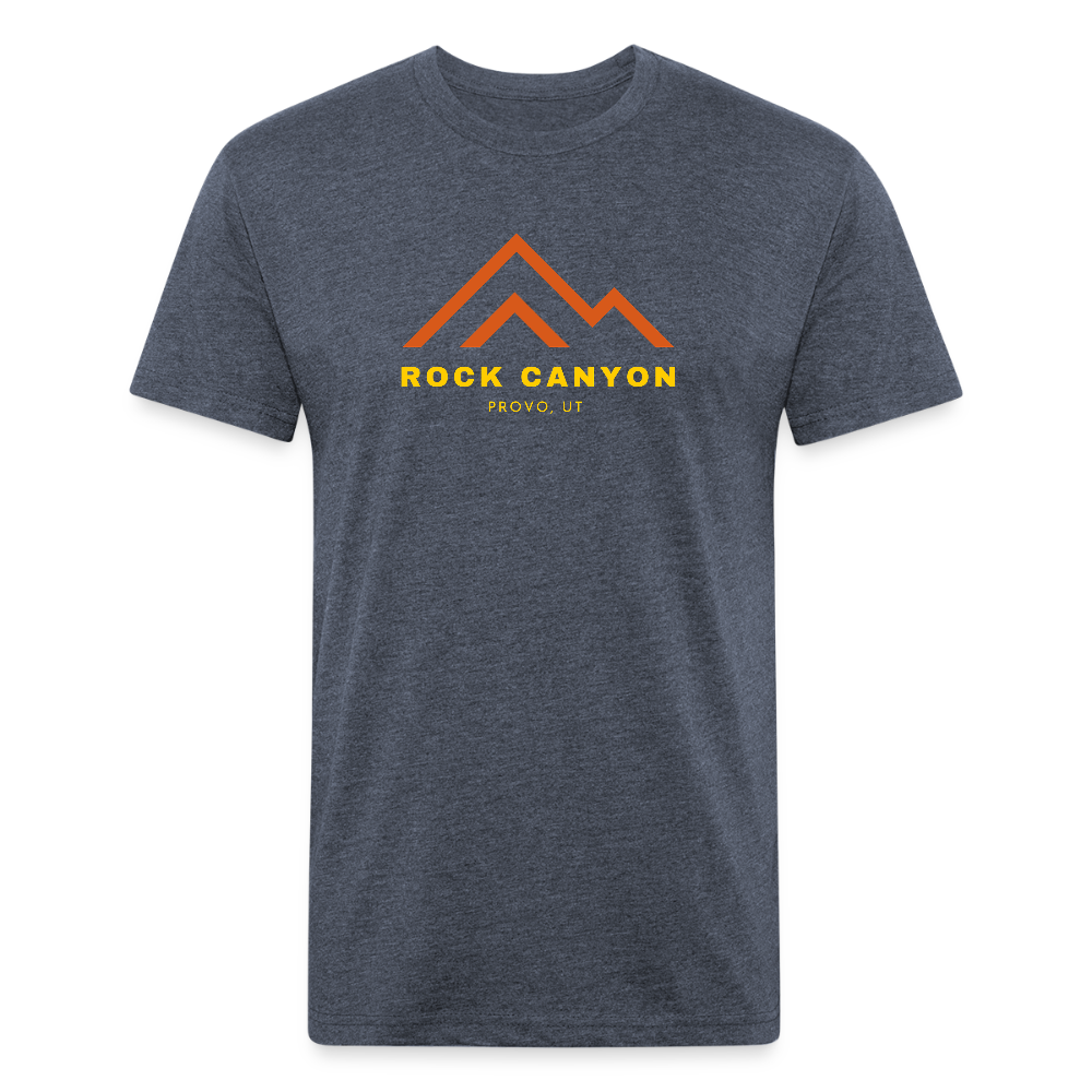 Heather Navy T-shirt featuring a bold orange and yellow "Rock Canyon" graphic with a mountain design and "Provo, UT" text, representing the adventurous spirit of Timpanogos Hiking Co.

