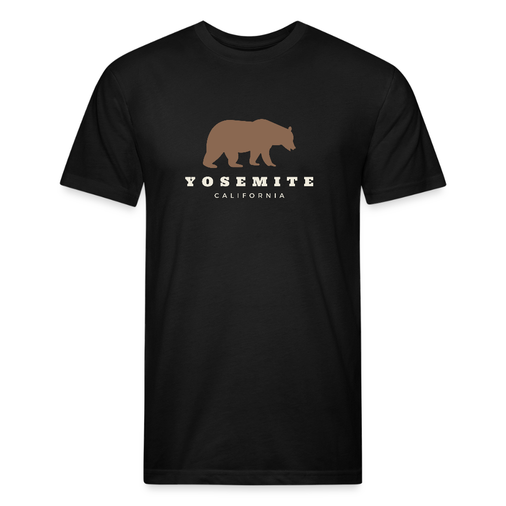 Black t-shirt featuring a brown bear graphic and the words "YOSEMITE CALIFORNIA" in vintage-style font, perfect for outdoor adventures in Yosemite National Park