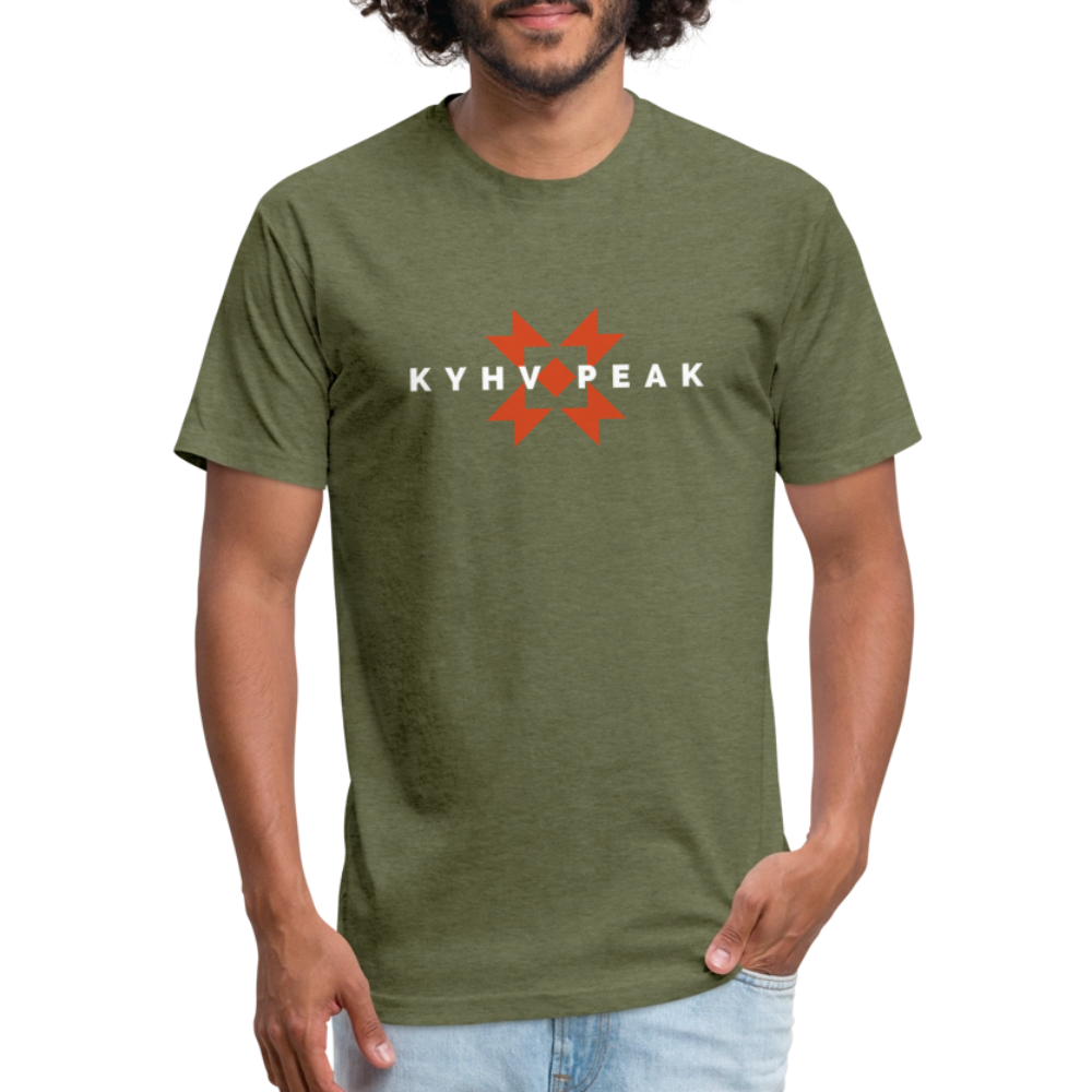 heather military green t-shirt featuring a bold "KYHV PEAK" graphic with orange geometric elements, perfect for those who love mountain-inspired designs


