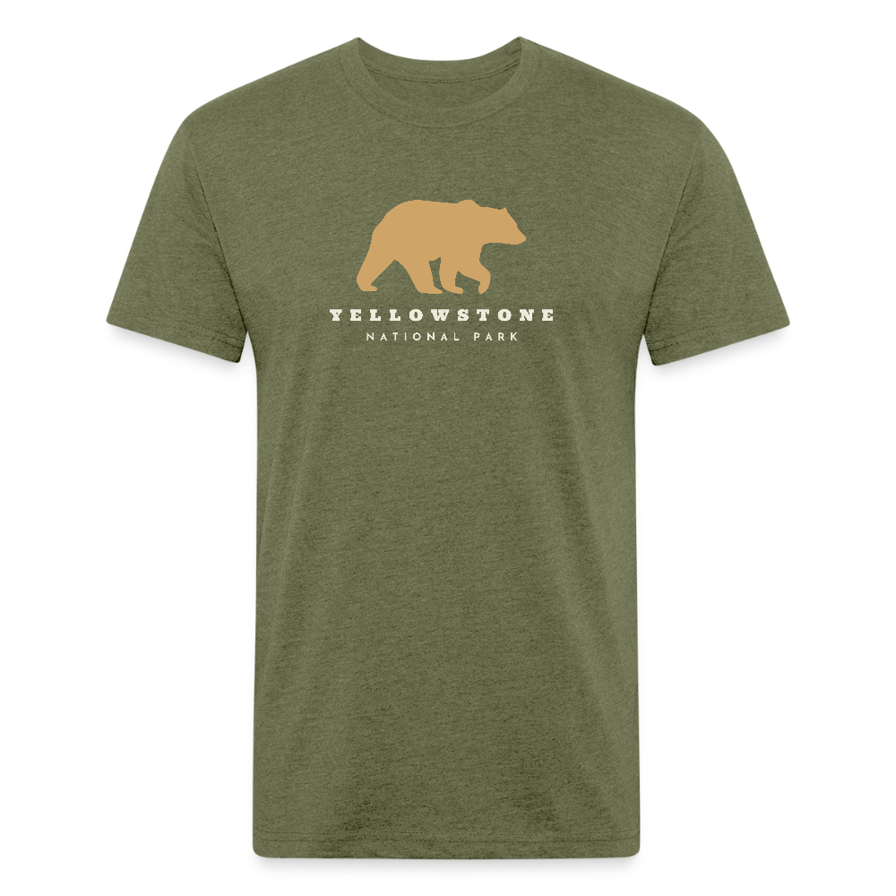 heather military green t-shirt featuring a gold bear graphic and the words "YELLOWSTONE NATIONAL PARK," perfect for visitors and explorers of Yellowstone’s iconic landscapes

