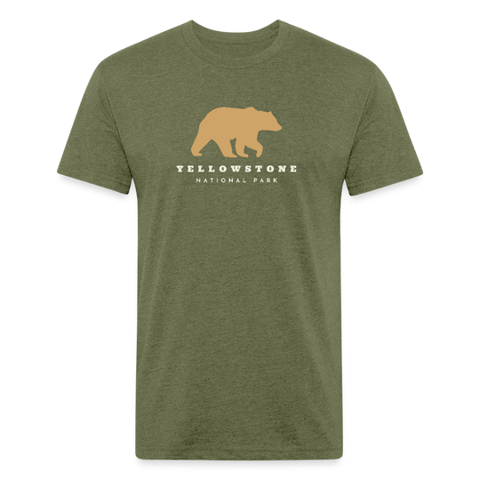 heather military green t-shirt featuring a gold bear graphic and the words "YELLOWSTONE NATIONAL PARK," perfect for visitors and explorers of Yellowstone’s iconic landscapes

