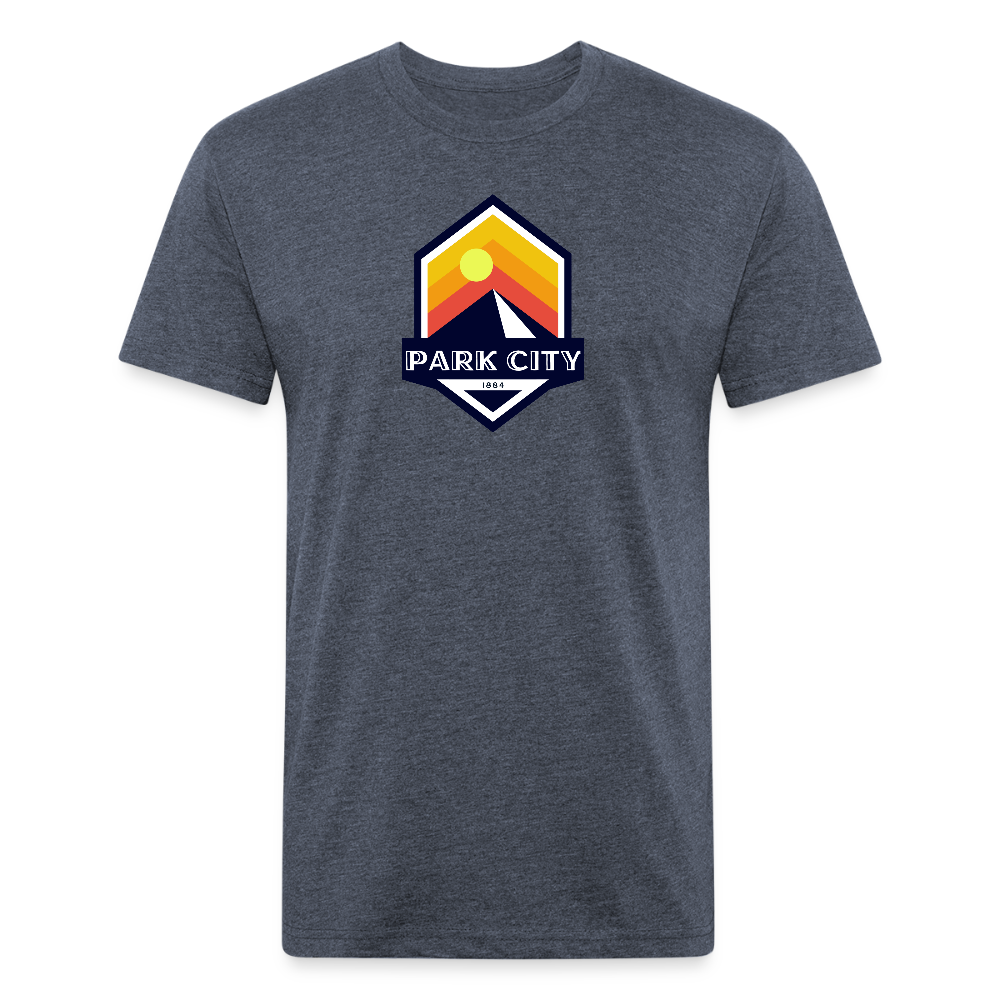 Park City T-shirt in Heather Navy featuring a retro-inspired logo with a sun and mountain design, and "PARK CITY" text, representing the outdoor adventure spirit of Timpanogos Hiking Co.

