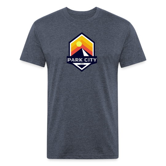 Park City T-shirt in Heather Navy featuring a retro-inspired logo with a sun and mountain design, and "PARK CITY" text, representing the outdoor adventure spirit of Timpanogos Hiking Co.

