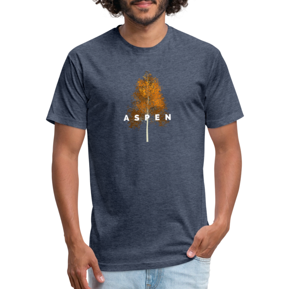 heather navy t-shirt featuring a minimalist Aspen tree graphic in orange and the word "ASPEN" underneath, perfect for nature lovers and outdoor enthusiasts

