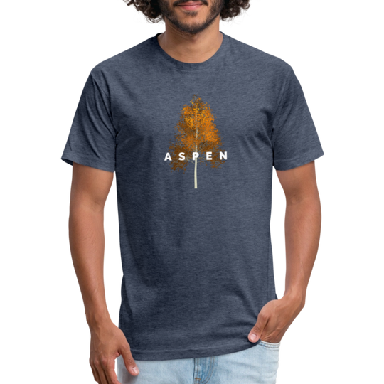 heather navy t-shirt featuring a minimalist Aspen tree graphic in orange and the word "ASPEN" underneath, perfect for nature lovers and outdoor enthusiasts

