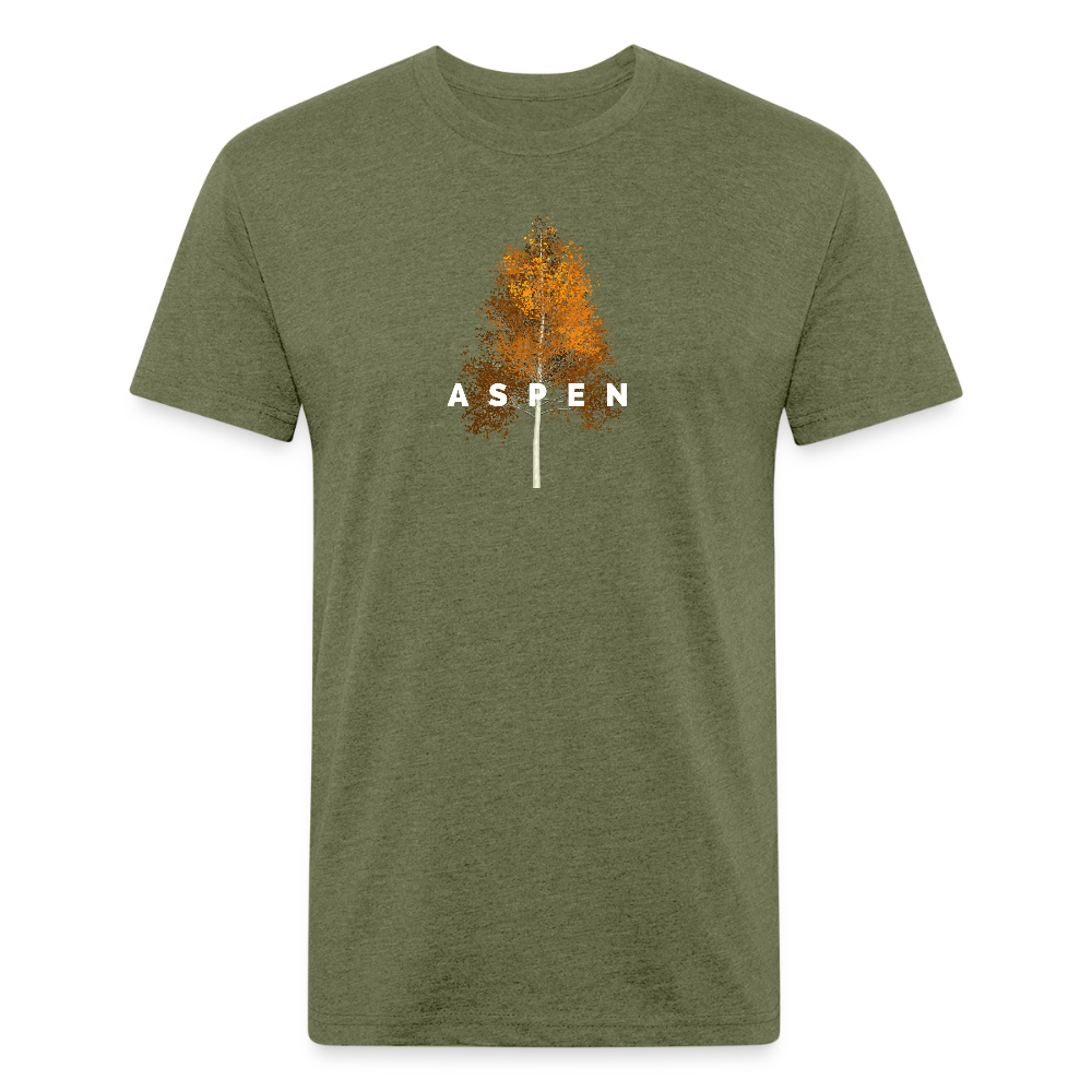 heather military green t-shirt featuring a minimalist Aspen tree graphic in orange and the word "ASPEN" underneath, perfect for nature lovers and outdoor enthusiasts


