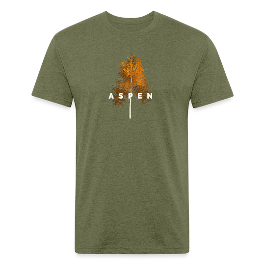 heather military green t-shirt featuring a minimalist Aspen tree graphic in orange and the word "ASPEN" underneath, perfect for nature lovers and outdoor enthusiasts


