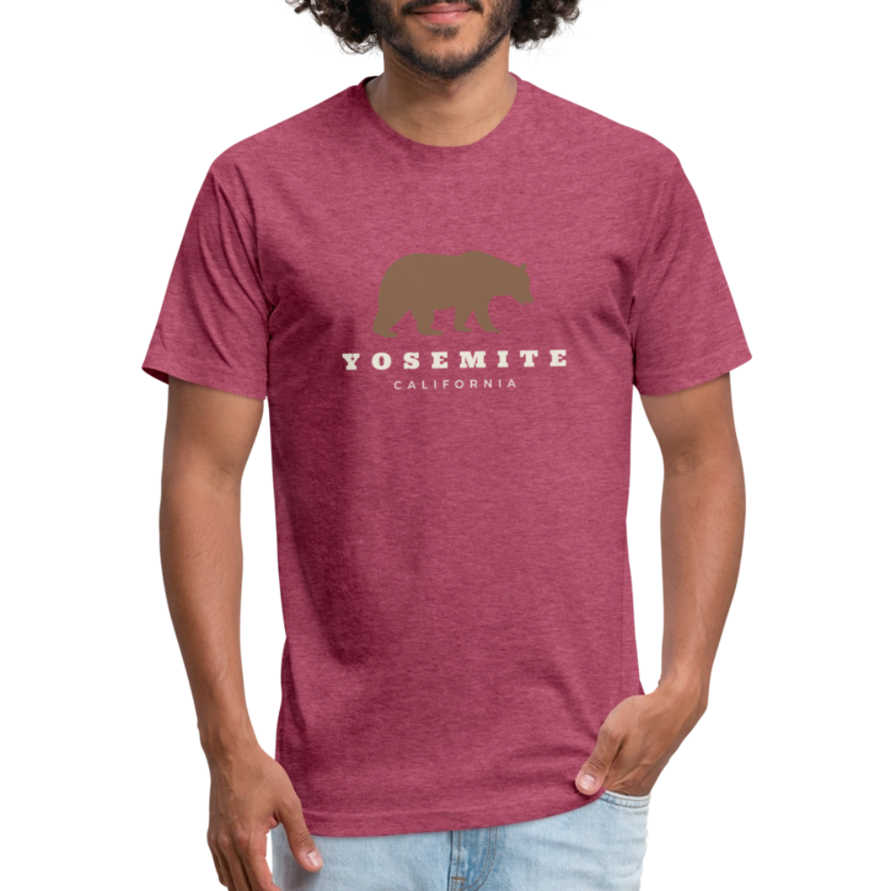 heather burgundy t-shirt featuring a brown bear graphic and the words "YOSEMITE CALIFORNIA" in vintage-style font, perfect for outdoor adventures in Yosemite National Park