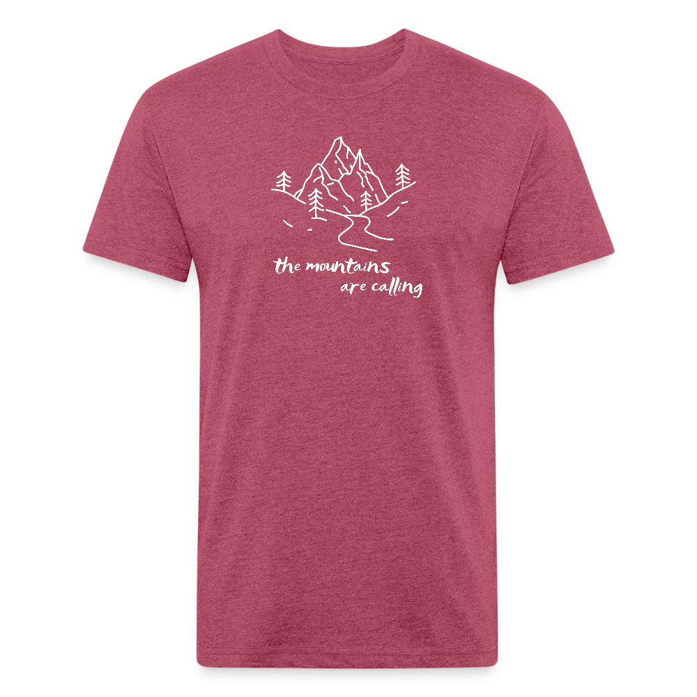 heather burgundy t-shirt featuring a hand-drawn mountain scene with the phrase "the mountains are calling" in white, perfect for outdoor adventurers and nature lovers

