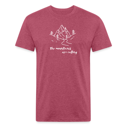 heather burgundy t-shirt featuring a hand-drawn mountain scene with the phrase "the mountains are calling" in white, perfect for outdoor adventurers and nature lovers

