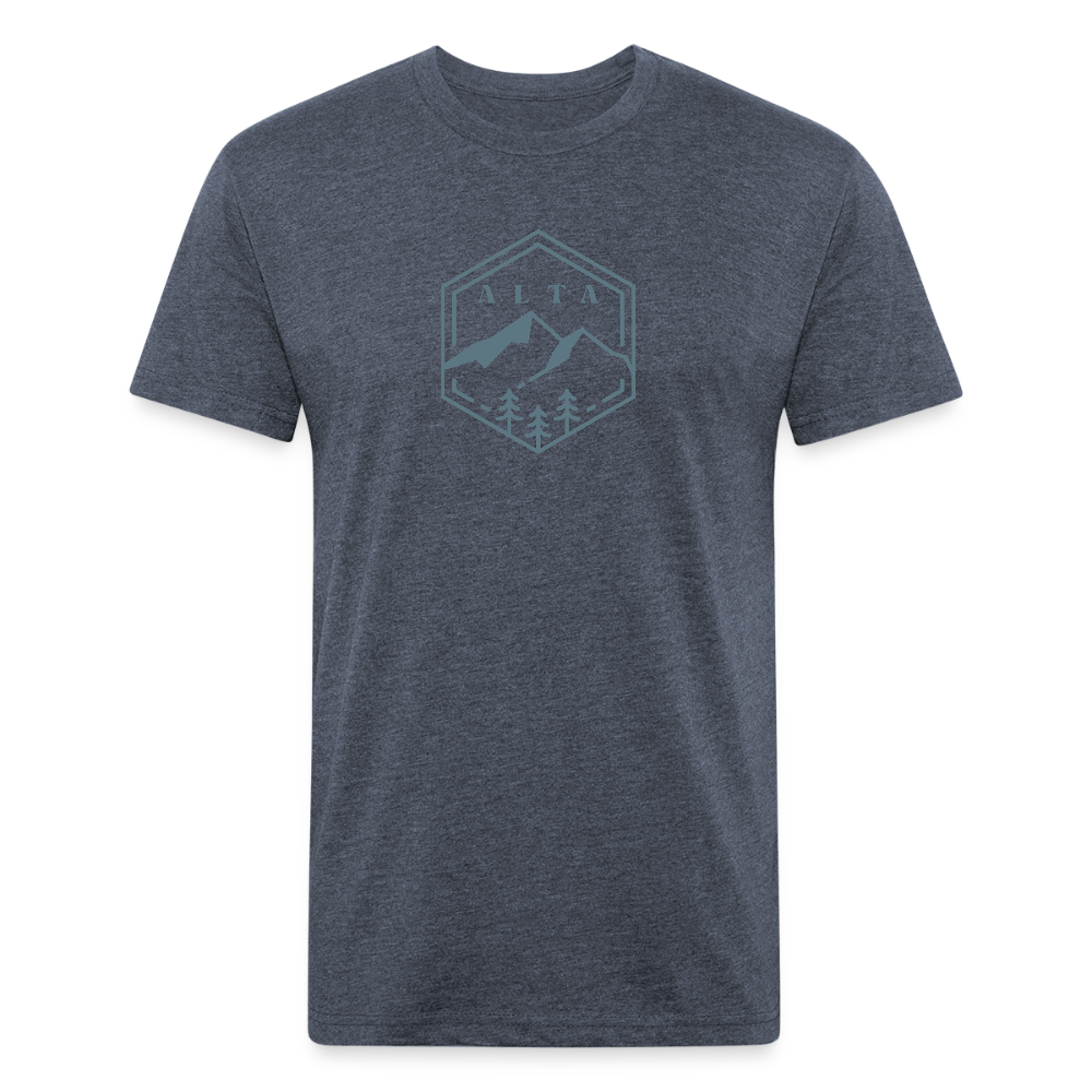 heather navy t-shirt with an Alta design featuring mountain peaks and pine trees in a hexagonal outline, ideal for outdoor lovers and hiking enthusiasts.