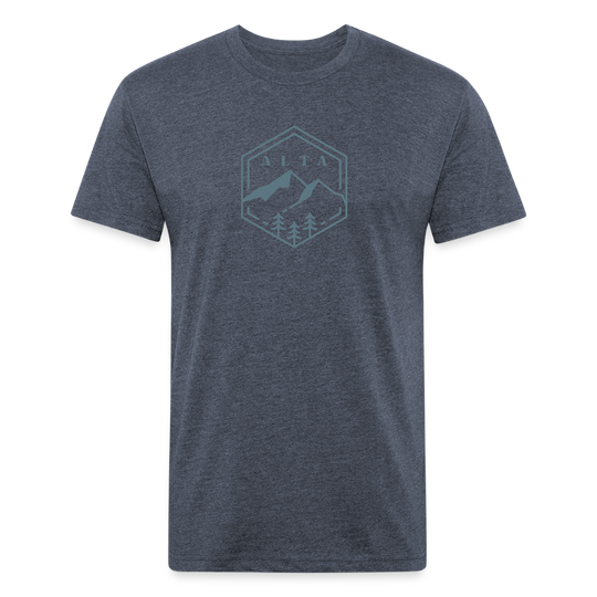 heather navy t-shirt with an Alta design featuring mountain peaks and pine trees in a hexagonal outline, ideal for outdoor lovers and hiking enthusiasts.