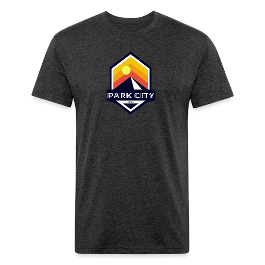 Park City T-shirt in heather black featuring a retro-inspired logo with a sun and mountain design, and "PARK CITY" text, representing the outdoor adventure spirit of Timpanogos Hiking Co.
