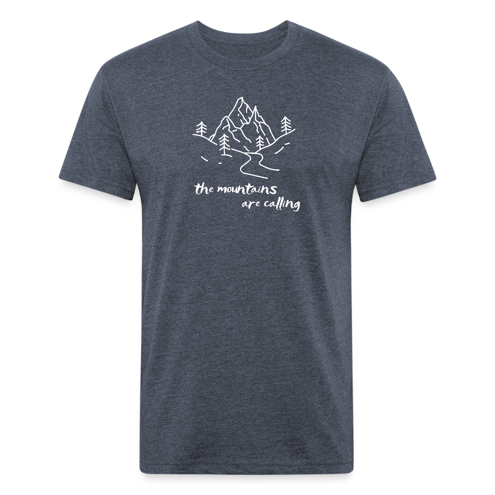 Heather Navy t-shirt featuring a hand-drawn mountain scene with the phrase "the mountains are calling" in white, perfect for outdoor adventurers and nature lovers

