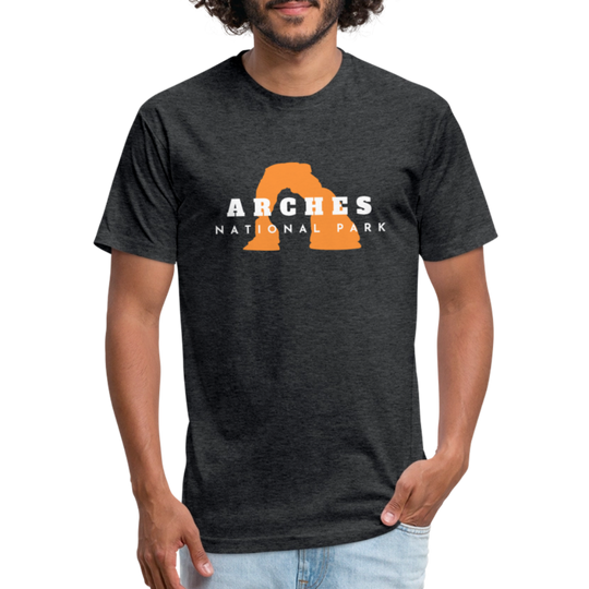 heather black t-shirt featuring a bold orange graphic of Delicate Arch, with "Arches National Park" text in white for outdoor adventure lovers, and those who love national parks.