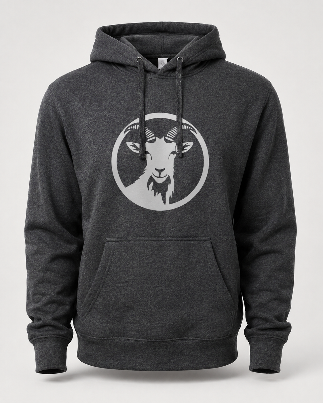Charcoal Goat Energy hoodie with a mountain goat head inside a light gray circle
