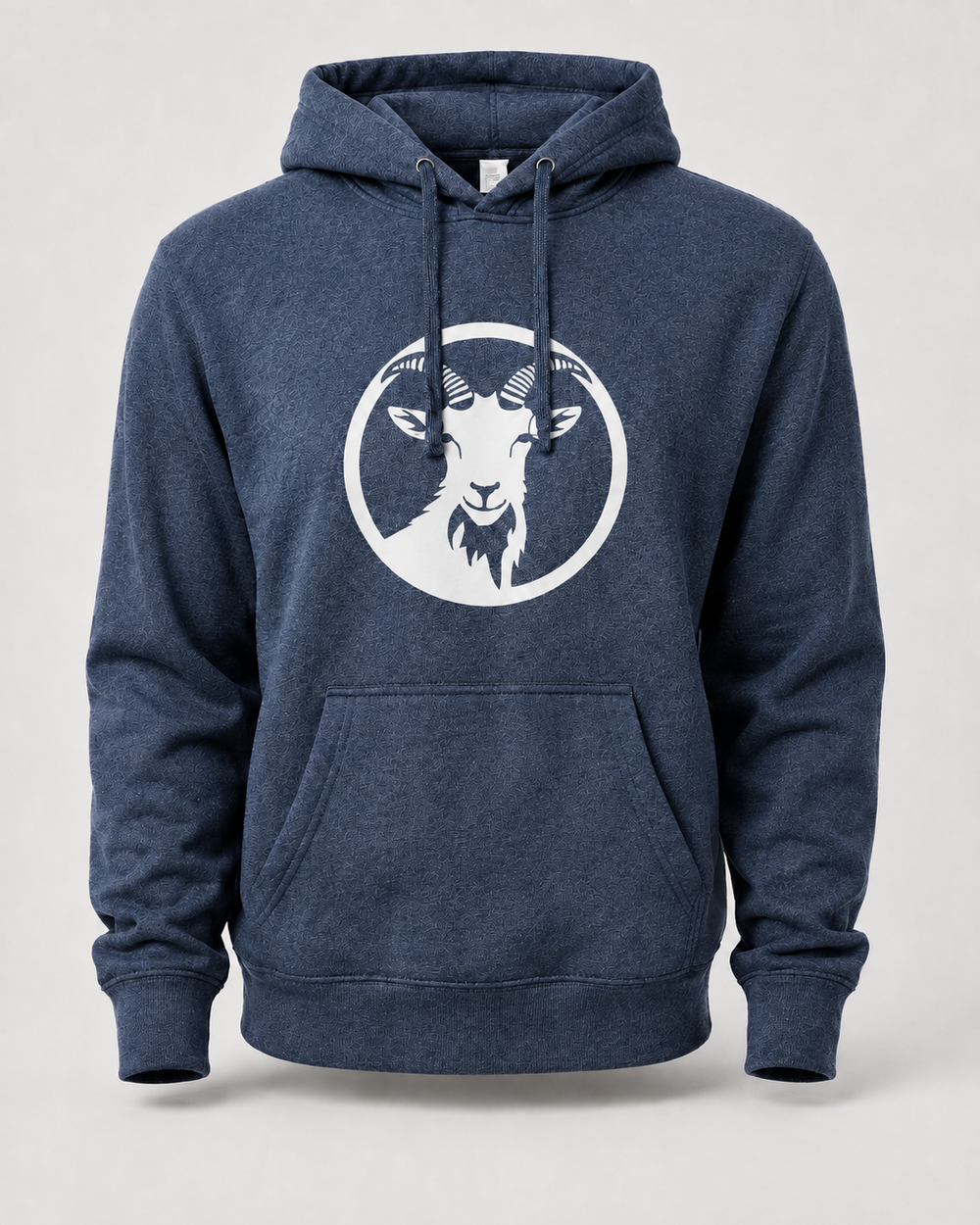 Heather navy Goat Energy hoodie with a mountain goat head inside a light gray circle